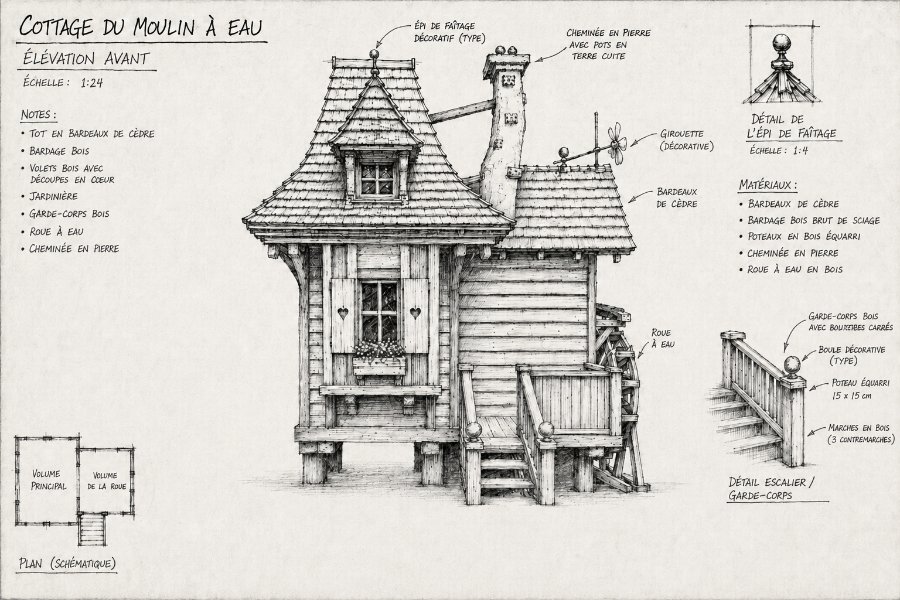 Plan illustré d'une cabane — cottage du moulin à eau
